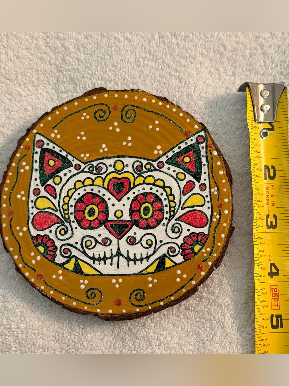 Hand-Painted Sugar Skull Cat Wood Slice Art
